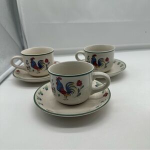3 Vintage International Tableworks Provence Rooster Stoneware Flat Cups Saucers